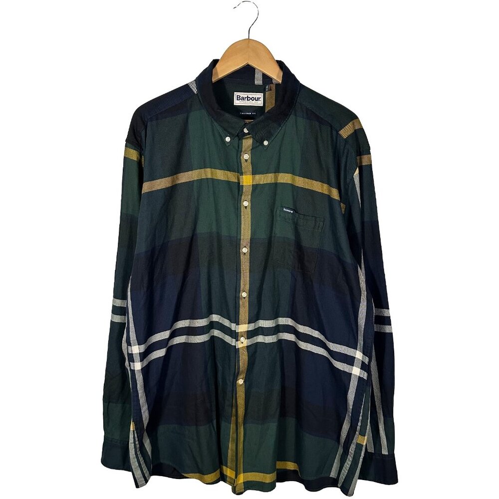 Barbour Dunoon Tailored Fit Twill Green Blue Tartan Men's 3XL Button Up Shirt